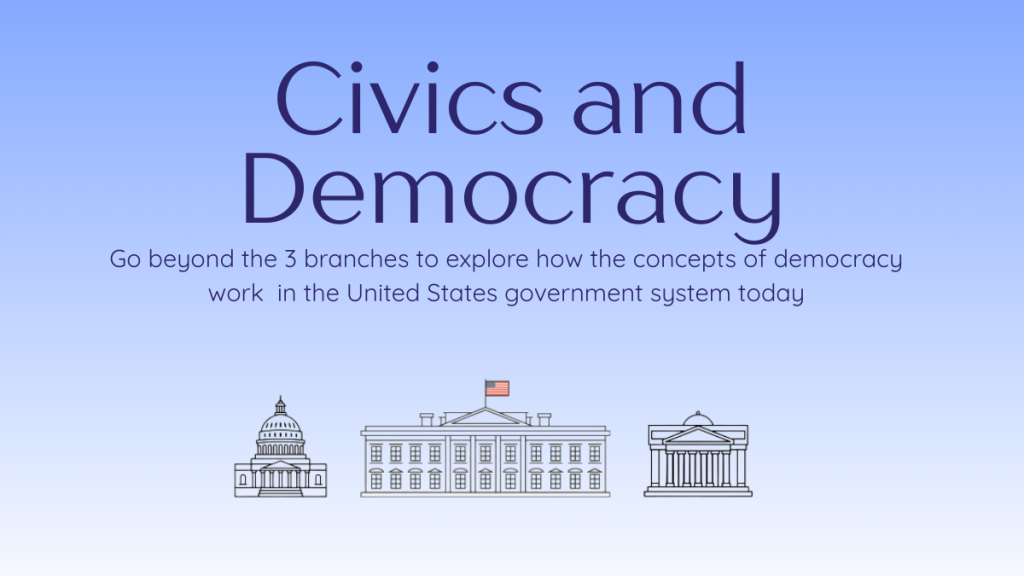 Civics and Democracy text in dark blue over a blue gradient background with line drawings of three federal buildings below