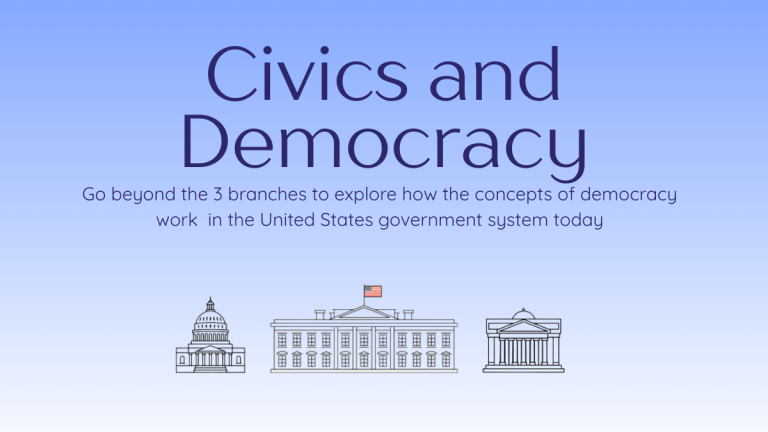 Civics and Democracy text in dark blue over a blue gradient background with line drawings of three federal buildings below