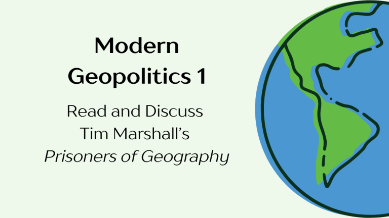 Image of a hand drawn blue and green globe on the right with text to the left that states Modern Geopolitics 1: read and discuss Tim Marshall's Prisoners of Geography