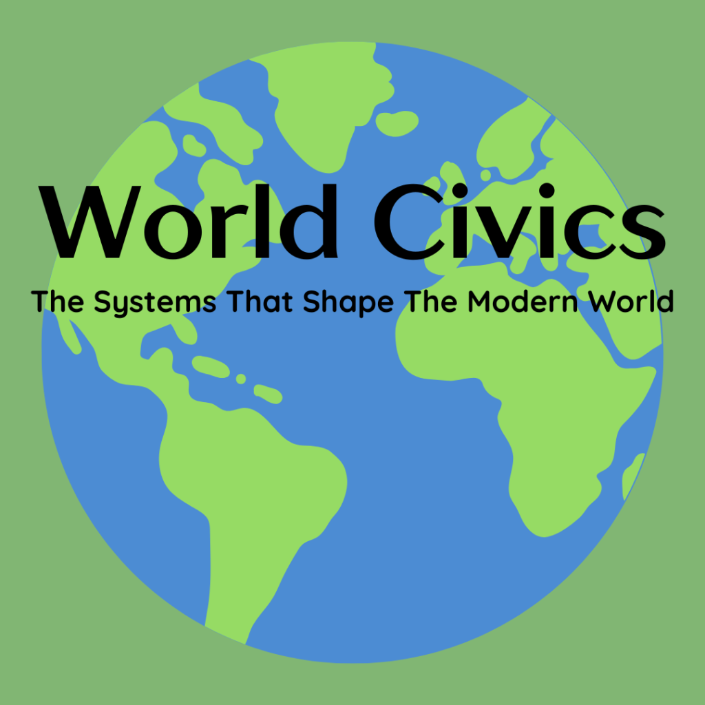 Blue and Green globe on a green background with the words World Civics in black print near the top of the image